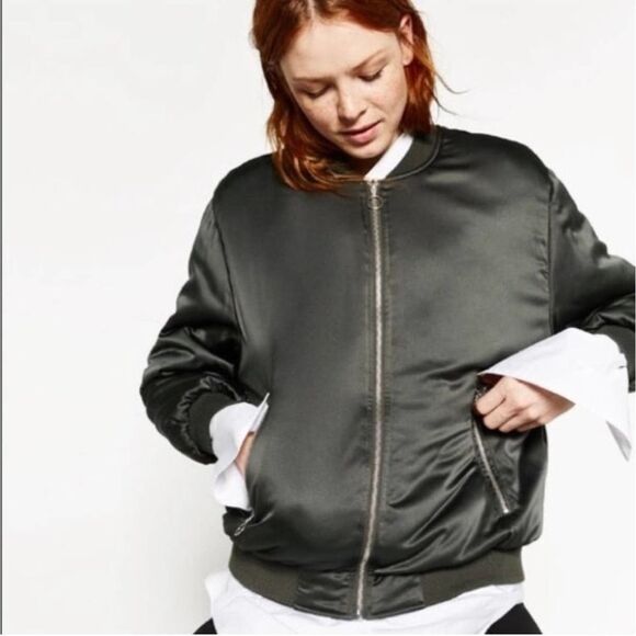 ZARA Jackets & Blazers - Zara Basic Satin Effect Bomber Jacket Size XS Khaki Green EUC